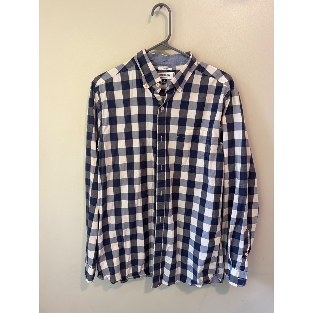 Crown & Ivy Mens Blue White Gingham Buffalo Check Stretch Button Down Shirt M